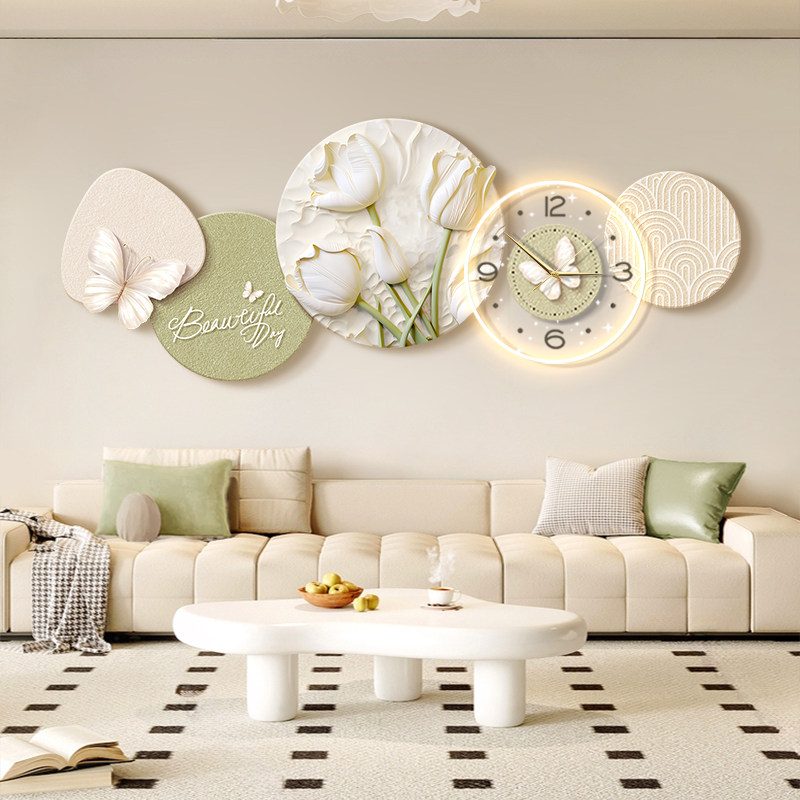 奶油风客厅装饰画带钟表花卉沙发背景墙挂画高级感餐厅卧室壁灯画