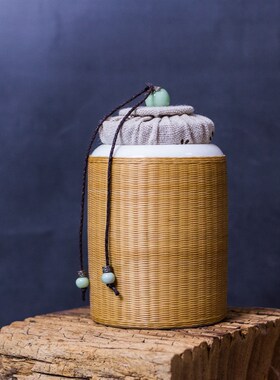 瓷胎竹编白瓷茶叶罐竹丝扣瓷绿茶罐竹丝编普洱储存罐手工非遗竹编