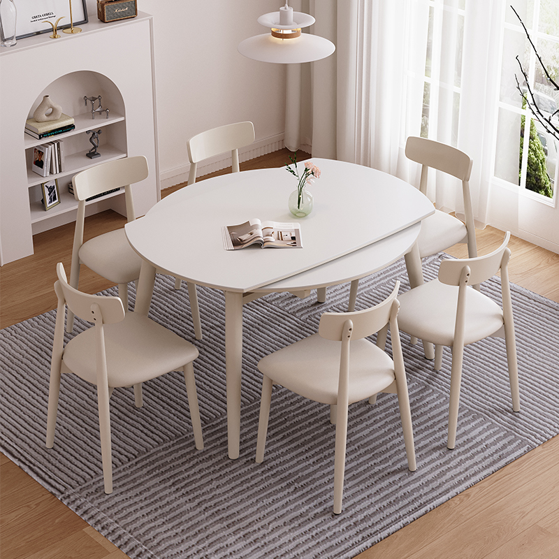意式岩板餐桌椅现代简约小户型家用可伸缩折叠圆桌子实木奶油风格