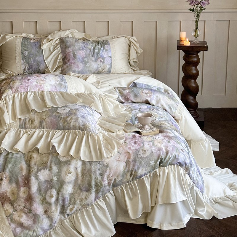 法式秋冬加厚100S天丝棉磨毛四件油画花卉花边被浪漫田园床单