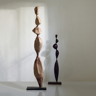 侘寂风实木雕塑橱窗装 饰民宿样板间玄关茶室几何异形大型落地摆件