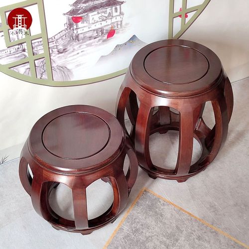 明清古典实木圆凳棕色胡桃木色仿古矮凳胡桃色鼓凳古筝凳换鞋凳子