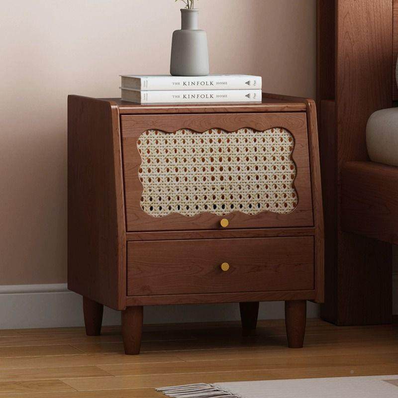 实木复古LGU法储式床头卧柜网编红家用置物台藤室小柜子床边物柜