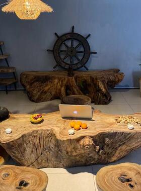 老榆实木炉木围炉茶桌原木风煮茶桌59488异形桌民宿餐桌茶室茶台