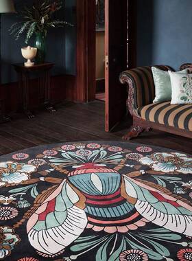 I9AT间美式垫复古轻奢黑色圆地形毯客厅卧室ZON地样板欧式
