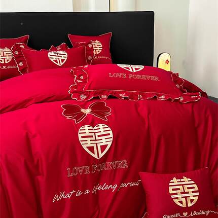 中式大红色全棉婚嫁庆新OXY四件套纯棉床单被套棉纯陪结婚礼床上