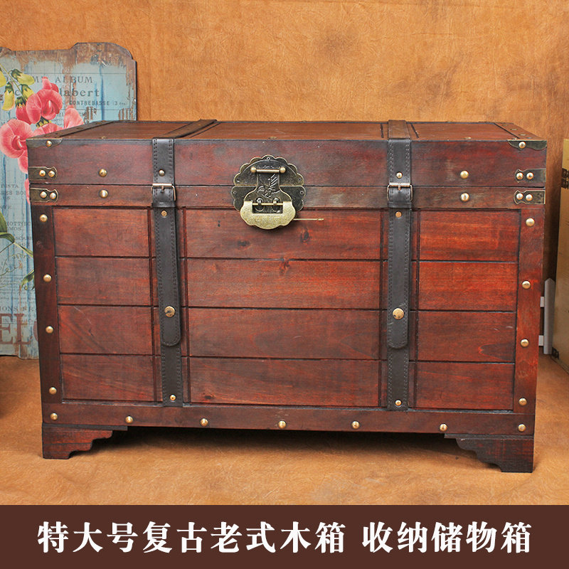 V45O老式复古大号工具储物收纳箱带锁老旧木箱木头仿古箱子百