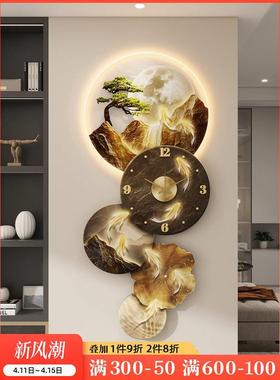 九鱼图带钟表挂钟玄关装饰画日照金山客厅背景墙挂画时钟流水生财