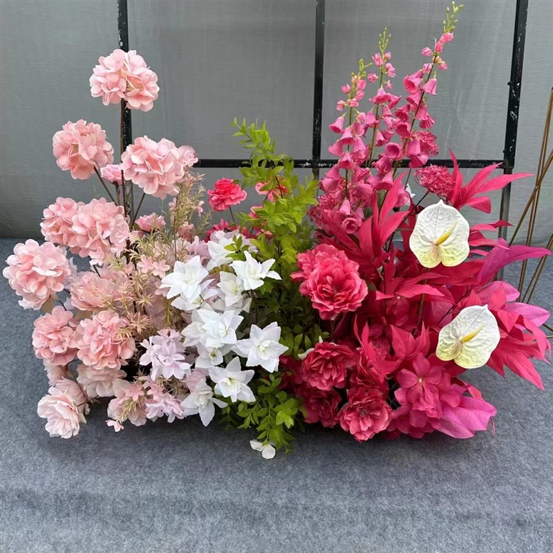 婚礼花艺玫红色地排花舞台布置婚礼堂背景装饰花T台路引婚庆仿真