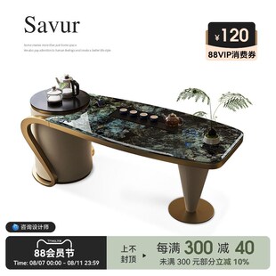 诚骏蓝翡翠奢石茶桌书桌一体天然大理石泡茶桌高端阳台茶桌椅组合