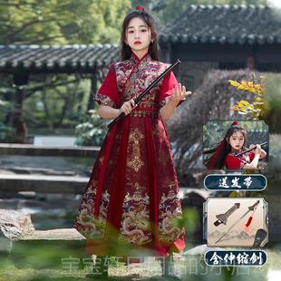 高档女古童木兰服儿童汉服夏装花季短袖中国风女侠剑客cos将军装