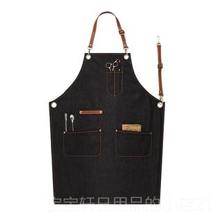 高档定皮餐女饮牛仔围裙日式 咖啡师制loo印字烘焙g酒吧咖啡师工作