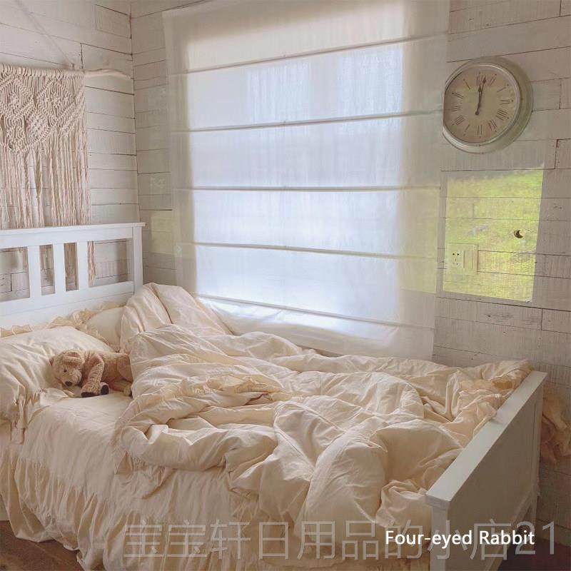 高档淡淡的绿纯色 ins韩国卧室女纯色荷叶少花边全棉棉床上四套件,床上用品,床品套件/四件套/多件套,淘宝优惠券,粉丝福利购,淘宝优惠卷