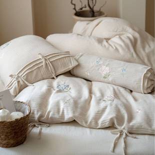 新款复古亚麻棉四件套古风古色花卉刺绣蝴蝶结绑带原木色床单被套