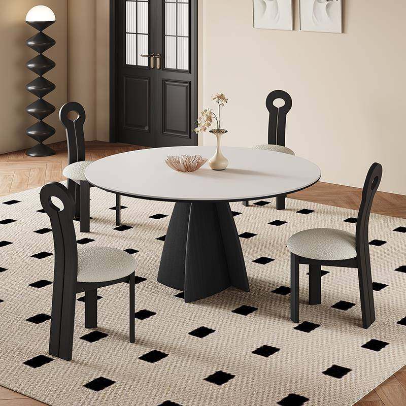W转7法式实木餐桌家用黑式ERG色圆形带白盘意现代简约纯复古岩板