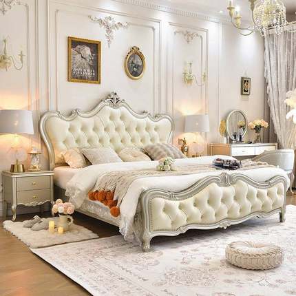 美式实廷木床1米8轻花双人主卧奢大床法式高端SZB软包床欧式宫雕