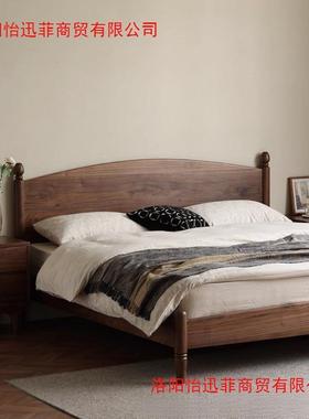 实木床复古北美木黑胡桃.单人简约现WFL代米法式双人.床中主古卧