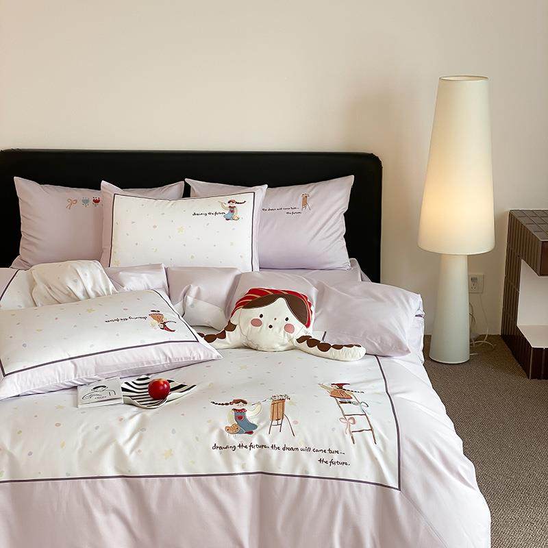 单卡通00s长绒棉四件套纯1棉印刺绣被套IDJ全棉床床花用品儿童三