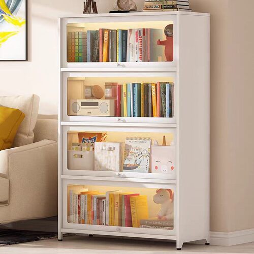 书柜带玻璃门展示柜儿童书架落地家用客厅防尘置物架铁皮储物柜子