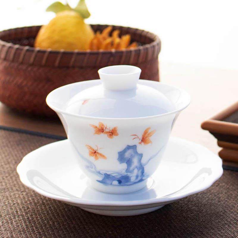 白瓷甜茶碗薄胎景德玉瓷釉釉KYH彩墨彩手绘三才盖白碗大号陶瓷泡