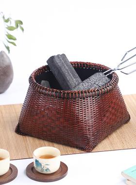 手工竹编WYO碳筐圆形茶木炭配收纳篮碳钵篓复古茶碳篮围炉煮碳炉
