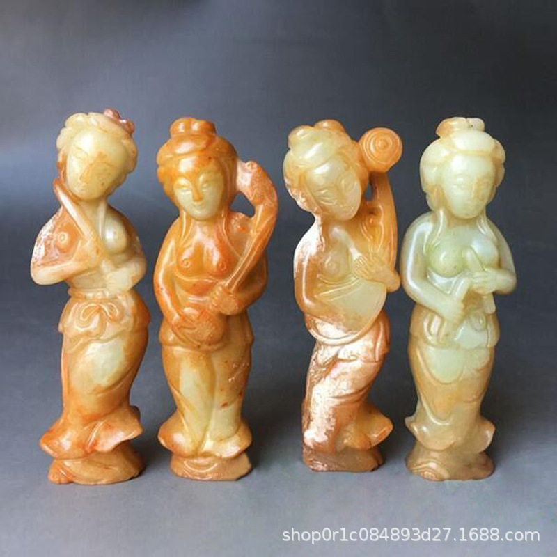 仿古岫玉四大美女手把件摆件