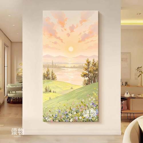 绿色肌山野风景理手绘画油客纯厅日出东方装饰画玄关走QWE-2302廊