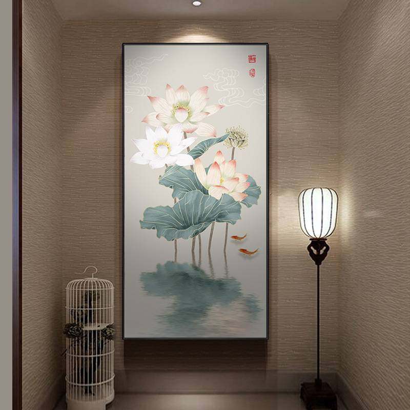 荷花九鱼图新中式入户玄关挂画招财竖版走廊过道墙壁画禅意装饰画,玩具/童车/益智/积木/模型,垂直悬浮玩具,淘宝优惠券,粉丝福利购,淘宝优惠卷