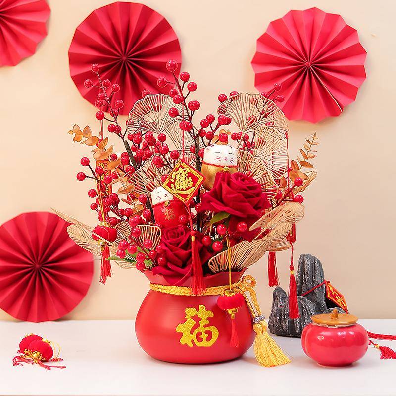 红果发财果仿真花冬青假花年干花福桶插花摆件客厅花艺新年花装饰