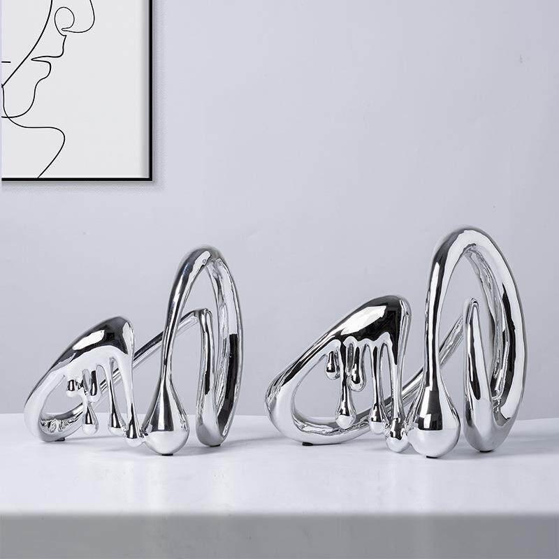 轻奢电镀银色树脂竖琴琵琶音符流体摆件电视柜玄关柜展示柜装饰品