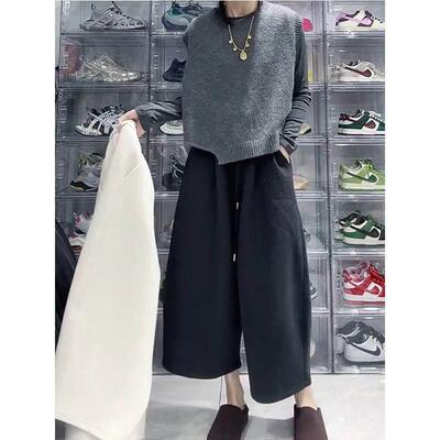 2024冬KYM季款加新绒毛F呢腰裤大尺码高宽松L阔腿裤女Q胖mm显瘦九