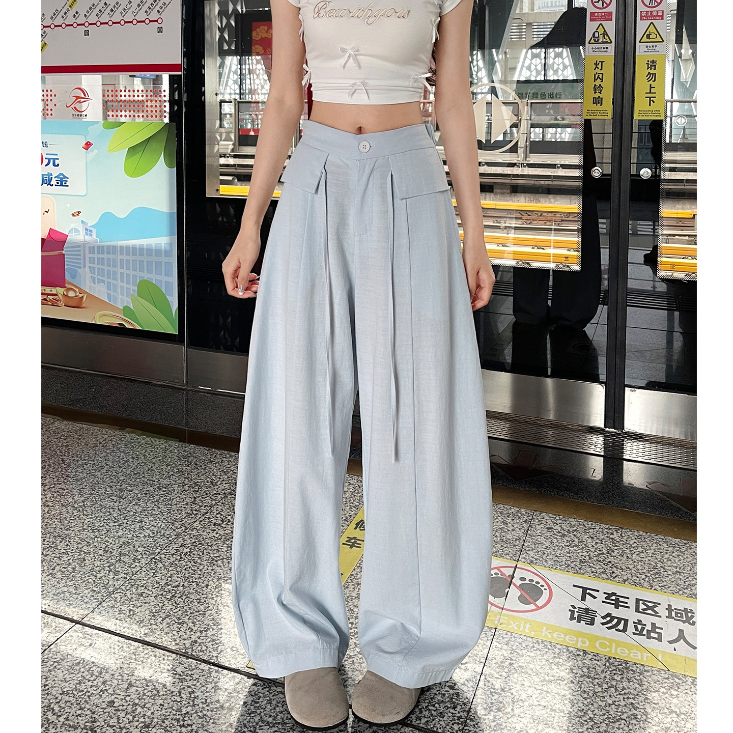 浅蓝垂感西装裤女夏季高腰宽松慵懒风阔腿裤小个子显瘦休闲长裤子