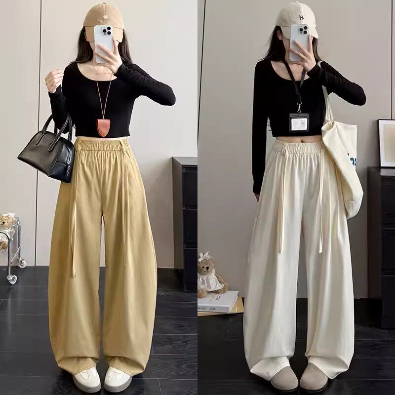 卡其色弯刀运动裤女夏季2026新款小个子高腰宽松阔腿裤显瘦休闲裤