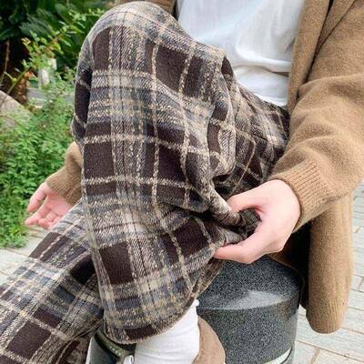 300斤绒码胖mm咖格UFL子休闲裤冬季裤子色显ZMU瘦大阔毛加腿裤女