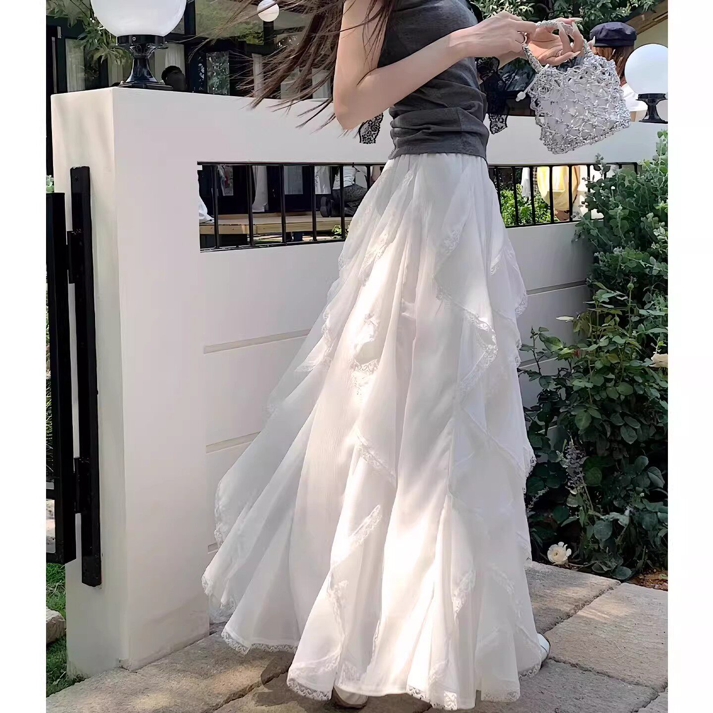 白色不规则蕾丝半身裙女夏季高腰显瘦蛋糕裙A字荷叶花边仙女纱裙