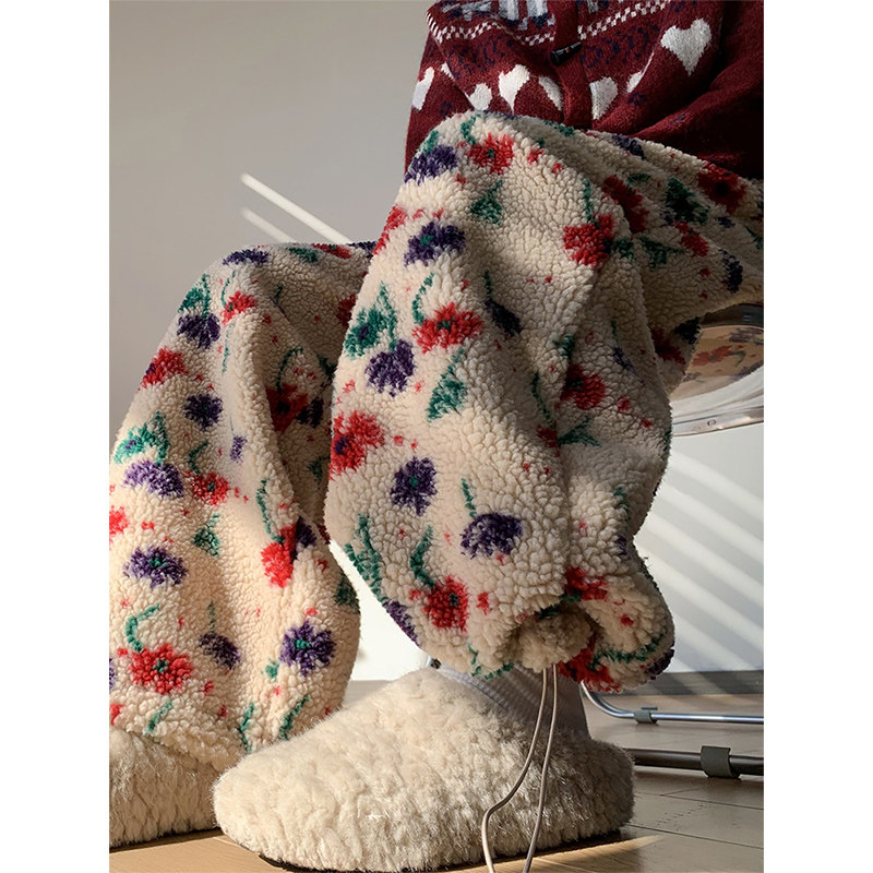 复古印花美式摇粒绒阔腿裤女秋冬2026新款休闲宽松卫裤直筒运动裤