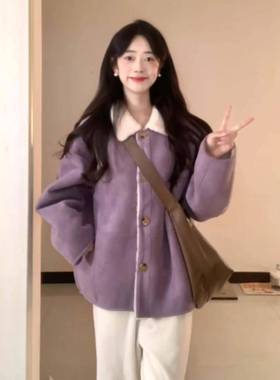 一色新LK季外Z套女205款宽松百搭麂皮2紫体翻领加CEX绒加厚保暖羊