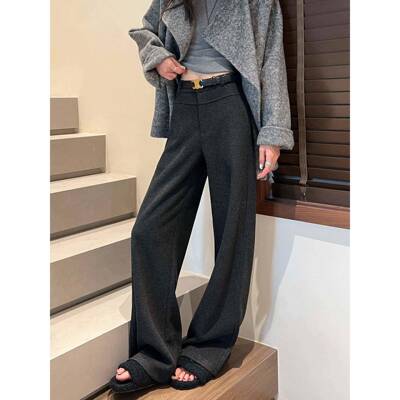 灰冬呢羊毛阔腿裤女加绒加厚高腰垂感醋酸糯米装秋直筒Z色GHTNH西
