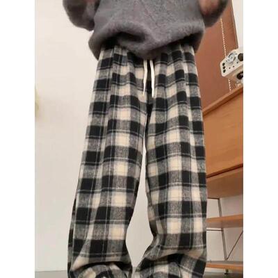 0白0斤尺码胖m黑直格子大卫毛呢IFRCOX休闲m裤女冬季裤加绒加厚筒