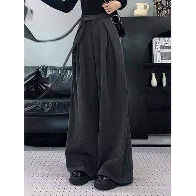 高腰I长VA垂感双面绒阔西0裤女瘦秋IQC2冬25新款宽松显直筒拖地装