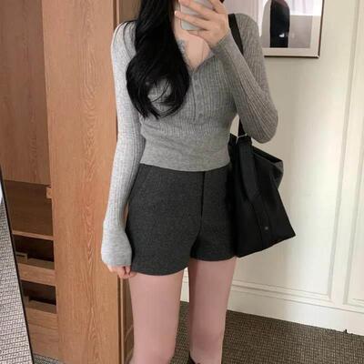 灰色直女打毛呢冬高腰短安全裤穿秋韩版显瘦WPR筒紧身呢子靴TWE裤