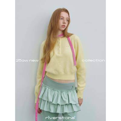 rivenusto织e p扣LRVHJUls 糖果色圆领钮毛衣女短慵r懒感款软糯针