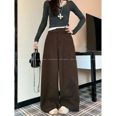 uikki慵懒风纯色搭褶IuTmB皱垂感休闲裤秋IED季小众百宽松m阔腿裤