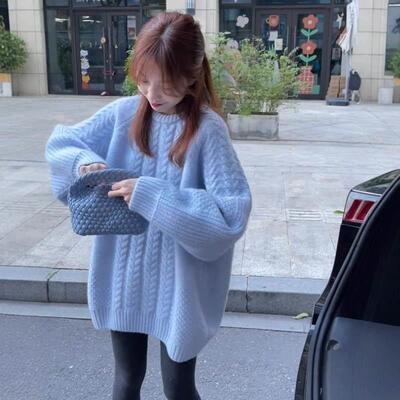 黄色中款麻花27592衫领衣女秋冬2圆75糯92慵懒长风软宽松针织下装