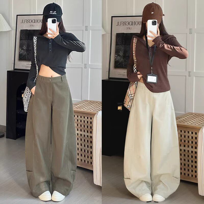 美式纯棉运动工装裤女冬新款小个子高腰显瘦阔腿裤加厚辣妹弯刀裤