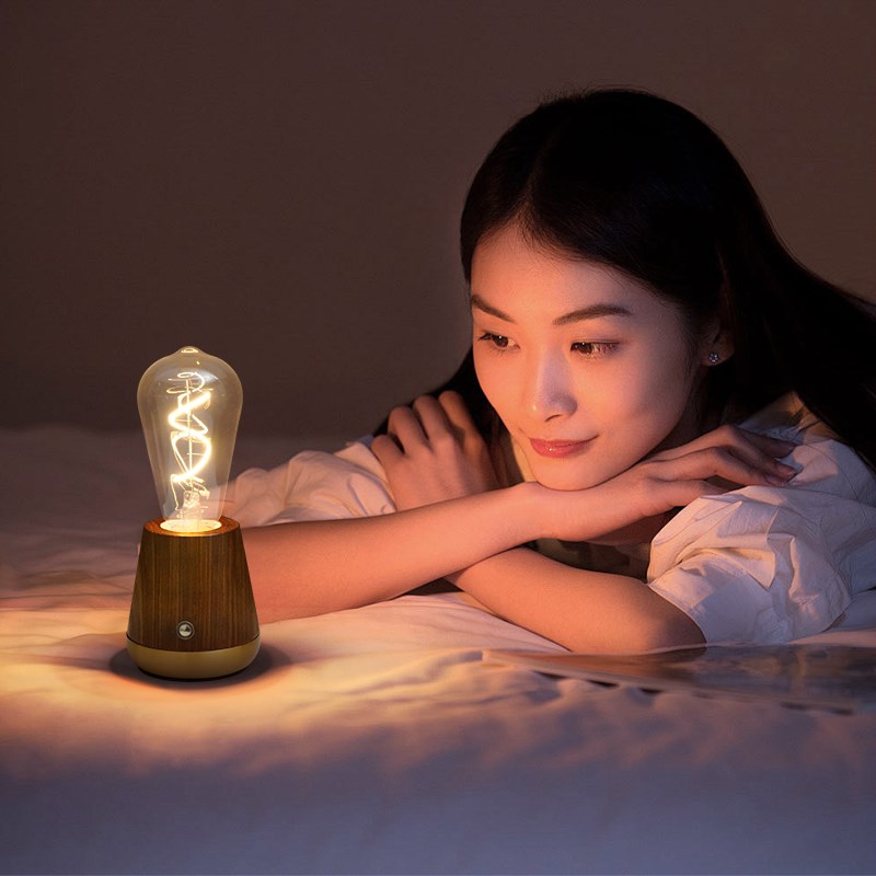 木座钨丝台灯复古胡桃木氛围小夜灯卧室床头磁吸充电装饰台灯