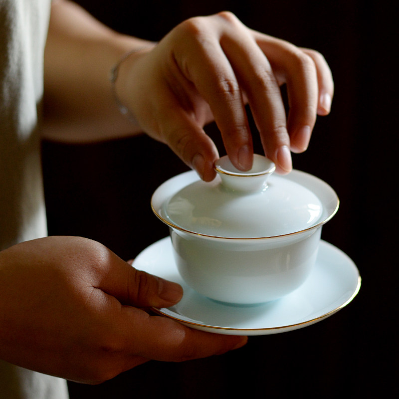 七色福 青瓷盖碗茶杯大号白瓷陶瓷功夫茶具套装三才敬茶碗泡茶壶