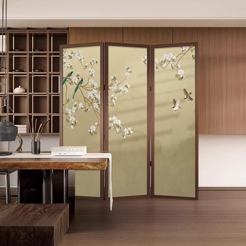 新款中式宋代美学卧室玄关花鸟客厅遮挡家用实木折屏屏风移动古风