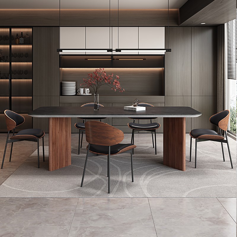 实木岩板餐桌胡桃色意式简约全托长方形小户型复古诧寂黑色岩板桌