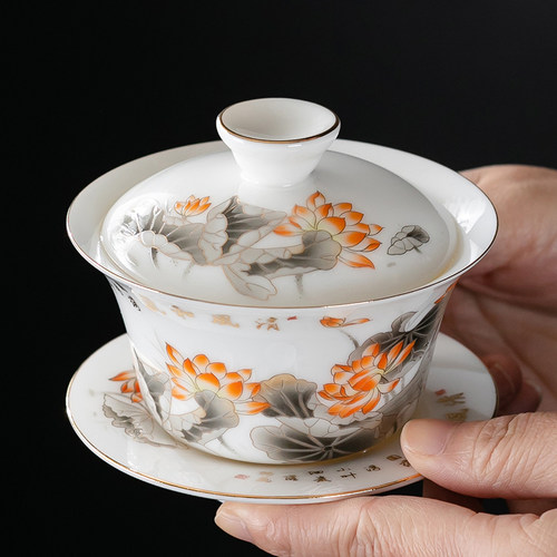描金红莲盖碗羊脂玉瓷三才泡茶碗家用大容量茶具中式敬茶杯陶瓷